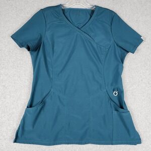 Cherokee Infinity Scrub Top Womens Medium Teal Short Sleeve Mock Wrap V-Neck